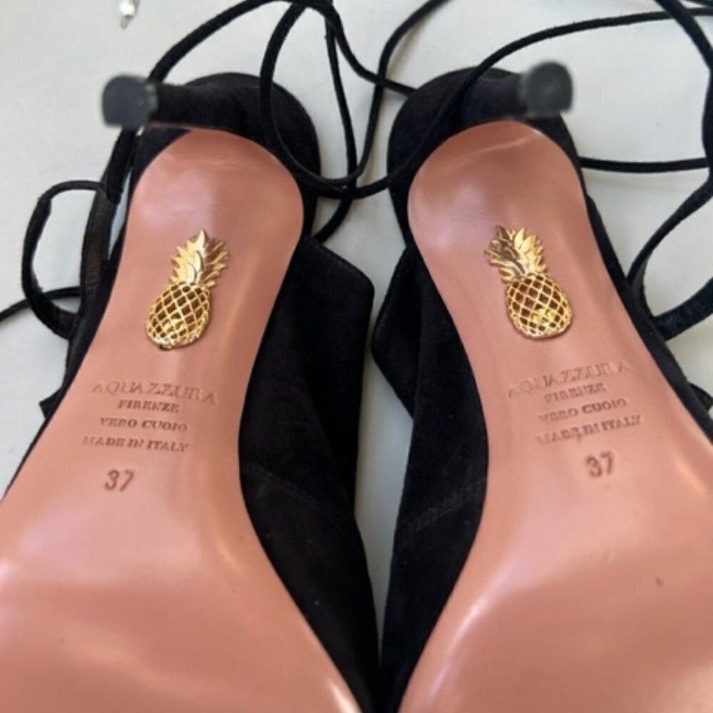 Aquazzura Black Suede Cut-out Tie Back Open-toe Stilettos Heels Pumps - Picture 9 of 10